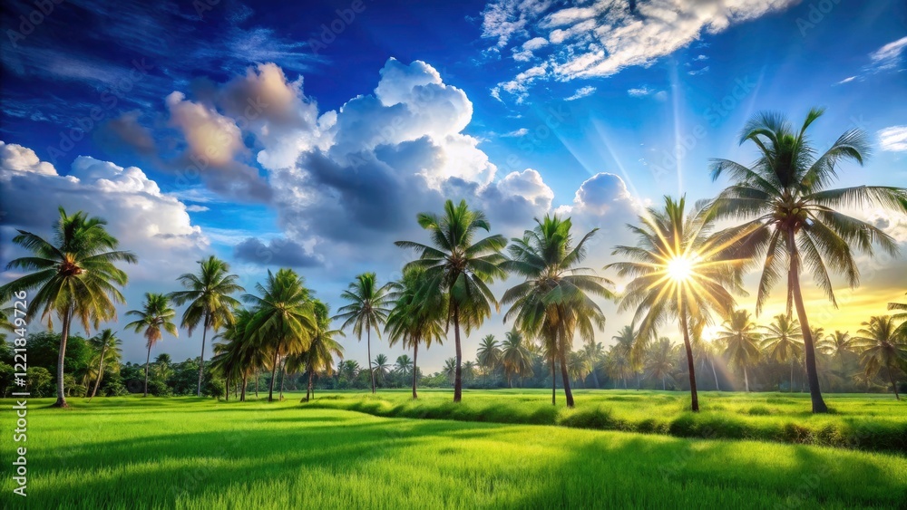 Vibrant Morning Scene with Bokeh Effect of Blue Sky, White Clouds, Lush Green Fields, and Palm Trees for Nature Photography and Landscape Inspiration Vibrant Morning Scene with Bokeh Effect of Blue Sky, White Clouds, Lush Green Fields, and Palm Trees for Nature Photography and Landscape Inspiration