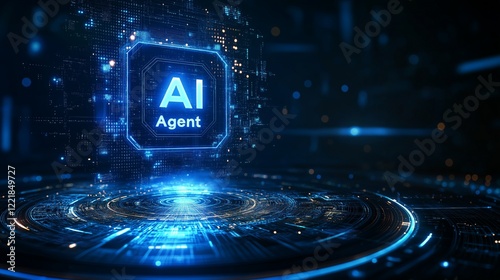 An AI agent hologram symbolizing agentic autonomy for collaboration with the human workforce using autonomous agents to work in business partnership using teamwork