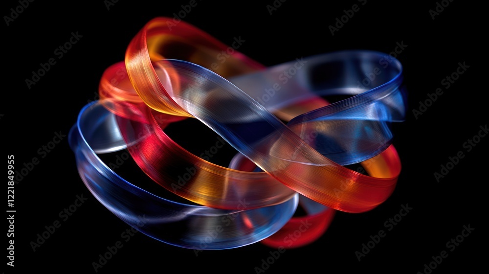 Abstract art of interwoven translucent red, orange, and blue ribbons on black background.