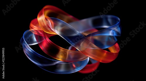 Obraz na płótnie Abstract art of interwoven translucent red, orange, and blue ribbons on black background. w salonie
