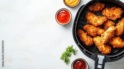 Top View of Air Fryer with Crispy Chicken Pieces