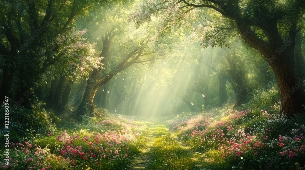 Obraz premium Sunlit path through enchanted forest with blooming flowers.