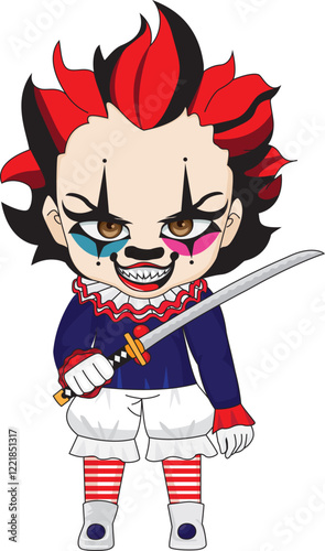 Halloween carnival clown holding sword with creepy expression vector