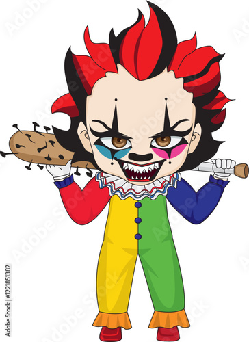 Crazy clown with baseball bat with spikes on his hands, halloween costume character