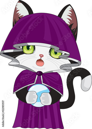 Magician cat in purple robe holding a crystal ball