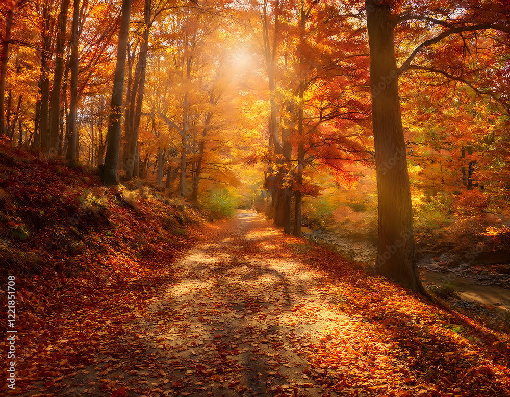 A forest path covered in fallen autumn leaves with sunlight filtering through the trees. A vibrant fall scene A forest path covered in fallen autumn leaves with sunlight filtering through the trees. A vibrant fall scene