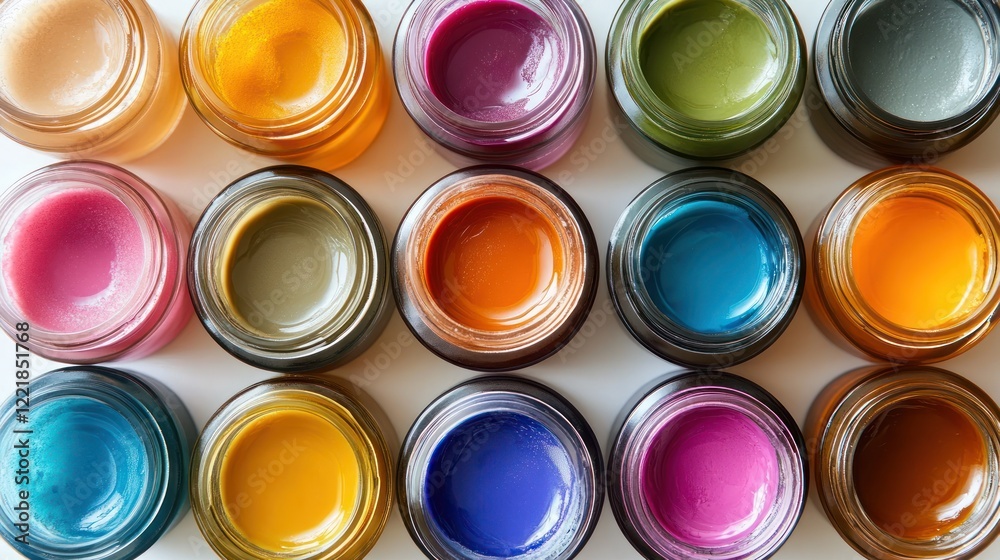 Colorful paint jars arranged in grid. Colorful paint jars arranged in grid.