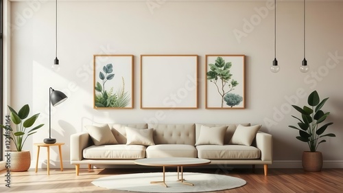 A mockup of a living room wall featuring nature-inspired artwork, creating a soothing and organic feel, living room, organic, mockup