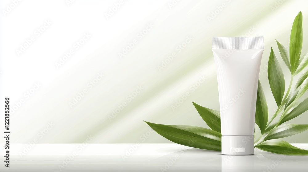 White Tube of Cream on Minimalist Background with Green Leaves White Tube of Cream on Minimalist Background with Green Leaves