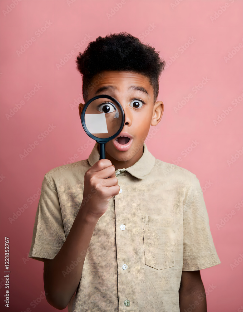 A boy in a beige shirt stands against a pink background, holding a magnifying glass near the face A boy in a beige shirt stands against a pink background, holding a magnifying glass near the face