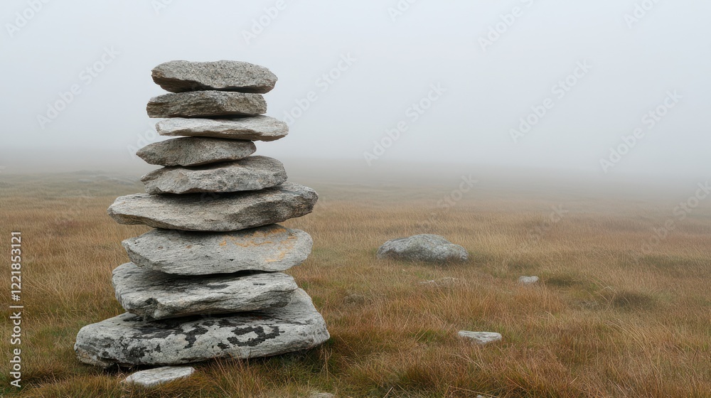 Stacked rocks in foggy field. Stacked rocks in foggy field.
