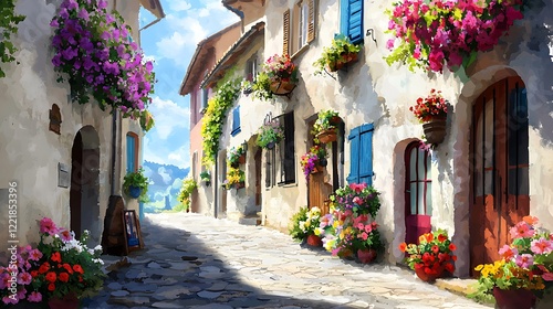 Charming Flower-Laden Alleyway in Quaint Town