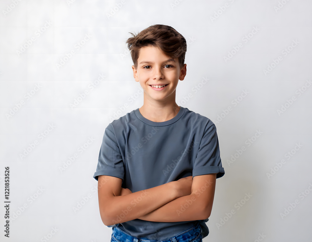 A boy stands against a plain background, wearing a blue t-shirt and jeans, with arms crossed A boy stands against a plain background, wearing a blue t-shirt and jeans, with arms crossed