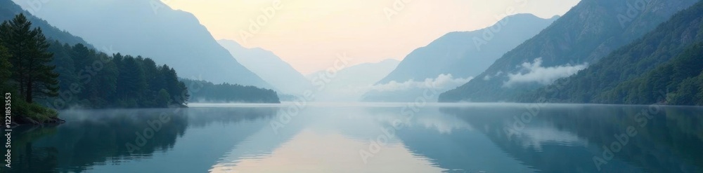 Misty morning over a lake with surrounding mountains and forest, serene, peaceful, mountains Misty morning over a lake with surrounding mountains and forest, serene, peaceful, mountains