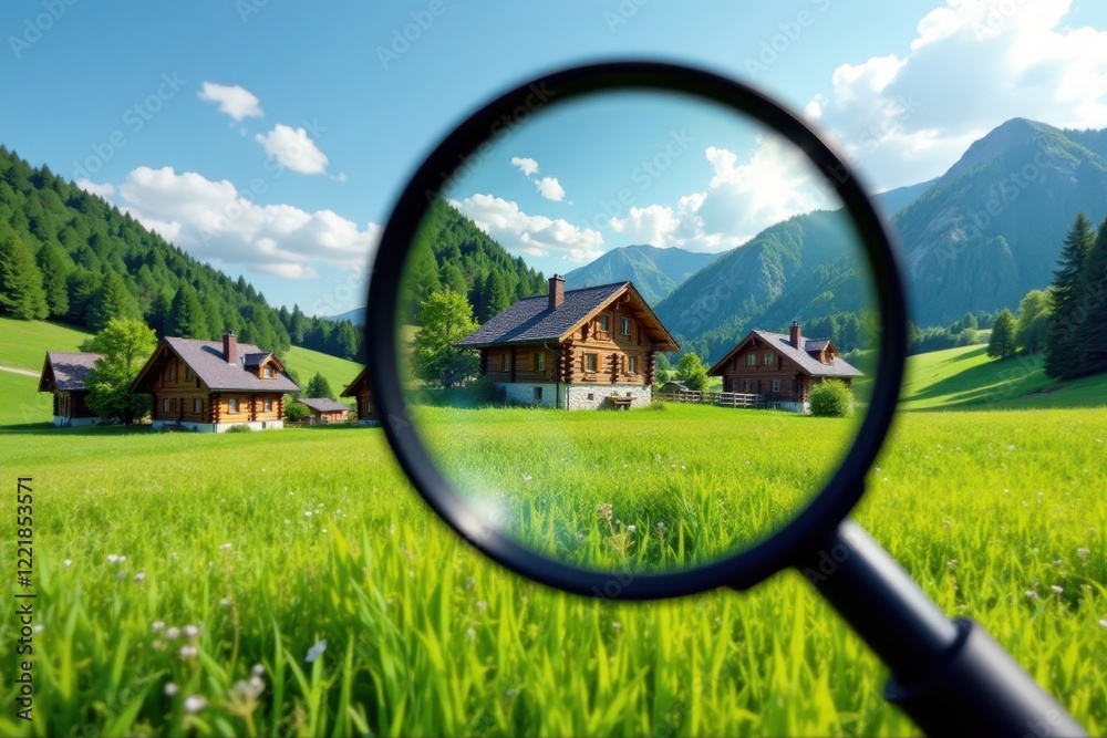 Fototapeta premium Magnifying glass enlarges idyllic wooden houses nestled in vibrant green meadow under a clear blue sky , summer, stock