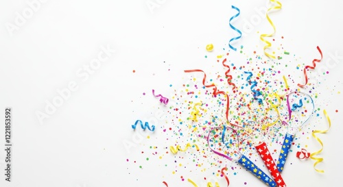 A lively celebration scene featuring an explosion of rainbow-colored confetti and glittering party popper trails against a clean white background photo