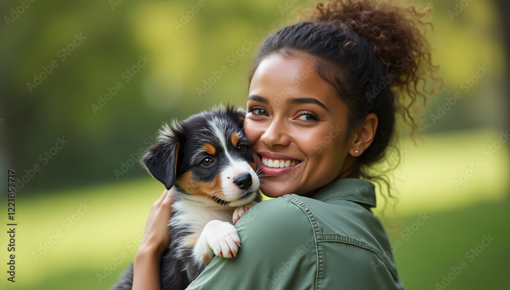 A female American shelter worker with a warm, genuine smile is holding a blue heeler puppy in her arms
