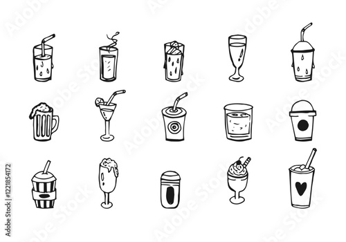 Set collection doodle hand-drawn of different drinks doodle cartoon alcohol beverage vector.