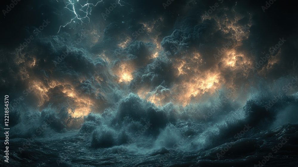 Dramatic stormy ocean scene with lightning striking dark clouds and turbulent waves. Dramatic stormy ocean scene with lightning striking dark clouds and turbulent waves.