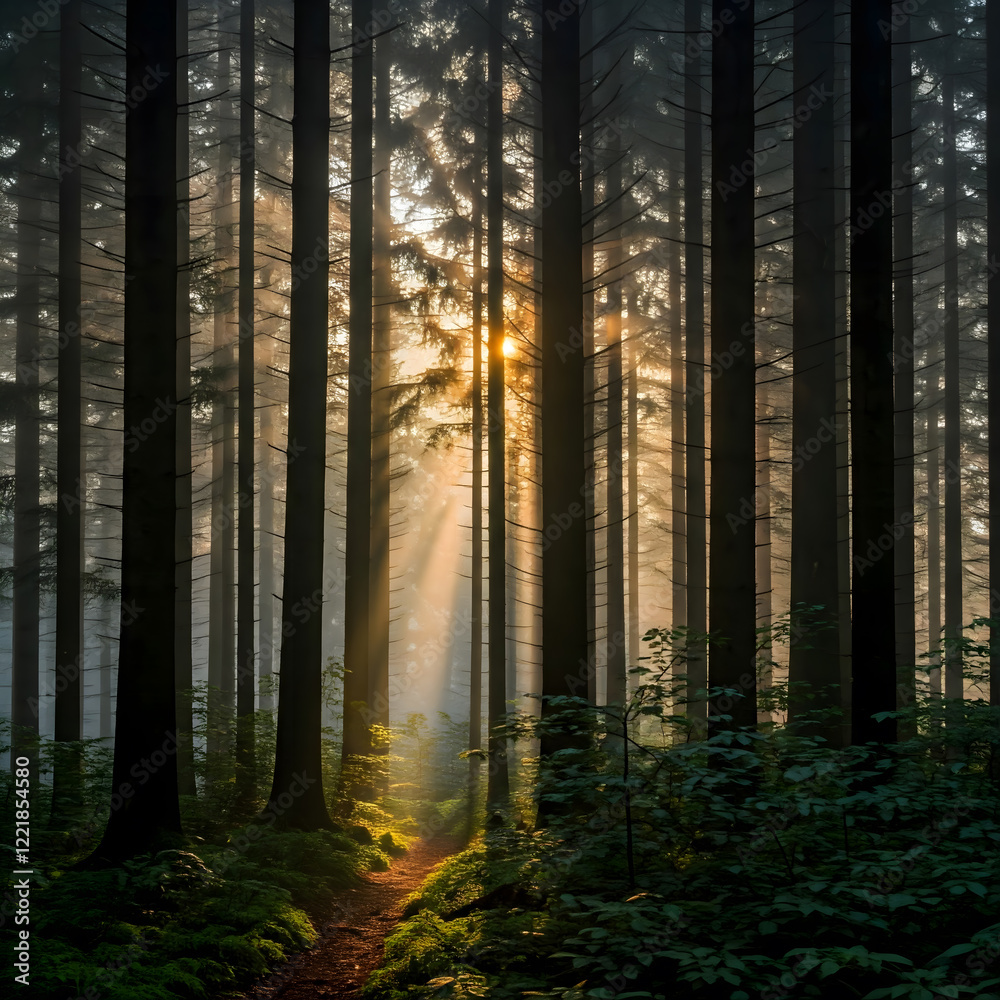 Fototapeta premium Sunlight streams through tall trees in a misty forest, illuminating a path and creating a magical atmosphere