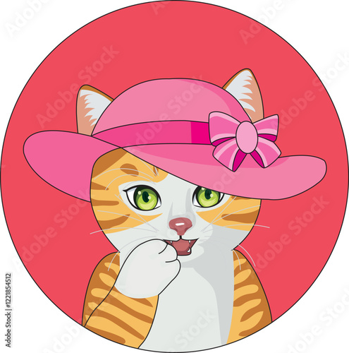 Shy cat feline with pink hat logo sticker vector