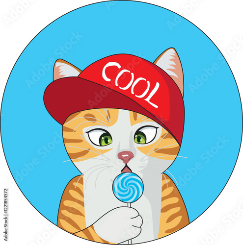 Cool cat with lollipop vector sticker logo