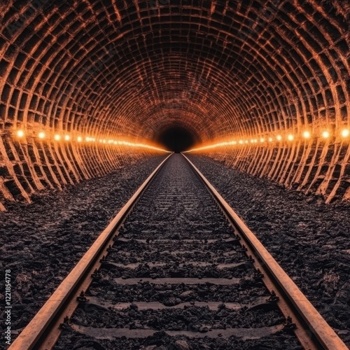 Majestic View of an Abandoned Railway Tunnel with Glowing Lights photo