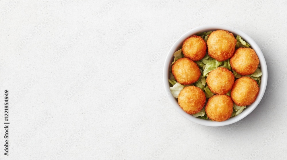 Crispy Golden Delicious Fried Snacks Arranged Neatly on a Bed of Fresh Green Lettuce in a White Bowl Perfect for Catering or Food Photography Crispy Golden Delicious Fried Snacks Arranged Neatly on a Bed of Fresh Green Lettuce in a White Bowl Perfect for Catering or Food Photography