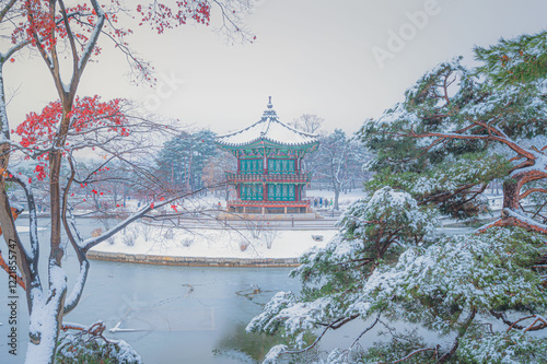 Snow falls in winter at Gyeongbokgung Palace, Seoul, South Korea.