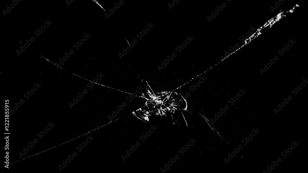 Abstract effect of broken glass with cracks and fractures on black background. Use for overlays or as a texture element