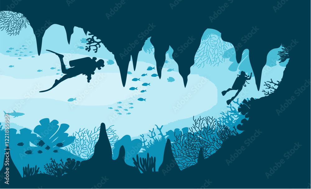 Silhouette of scuba divers and coral reef. Vector illustration
