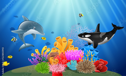 Underwater scene with killer whale, corals and fish. Vector illustration.