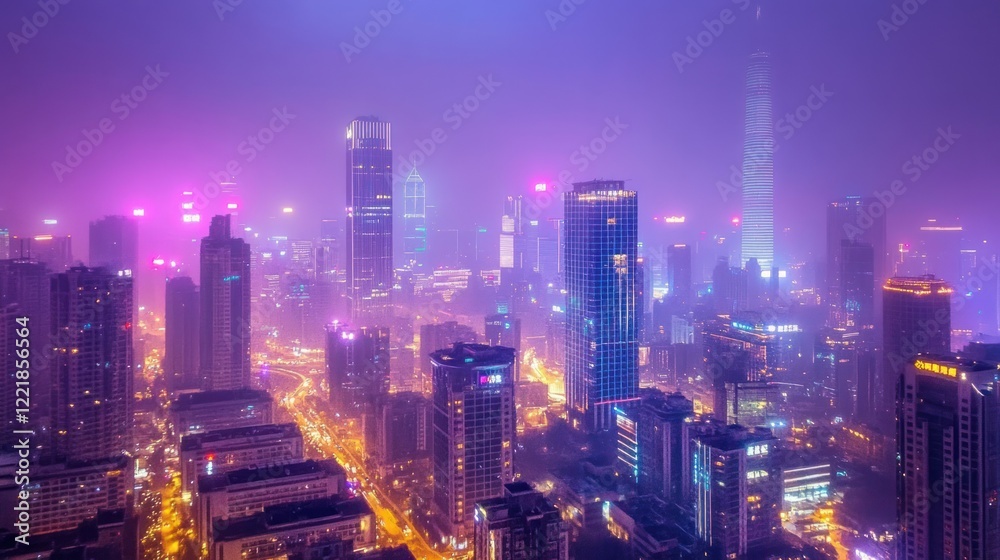 Obraz premium Night Cityscape: A Purple Haze Over Skyscrapers
