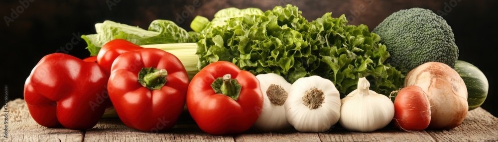 Fresh Organic Vegetables Displayed on a Wooden Surface, Featuring Red Peppers, Garlic, Broccoli, Lettuce, and Other Garden Produce in Natural Lighting Fresh Organic Vegetables Displayed on a Wooden Surface, Featuring Red Peppers, Garlic, Broccoli, Lettuce, and Other Garden Produce in Natural Lighting
