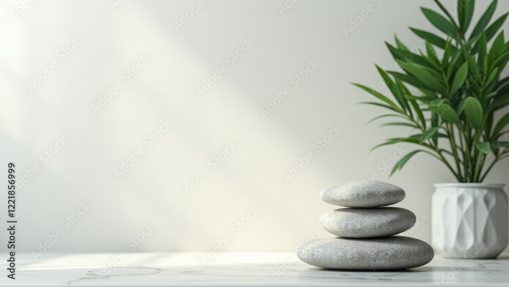 Stacked Grey Stones and Plant on Marble Stacked Grey Stones and Plant on Marble