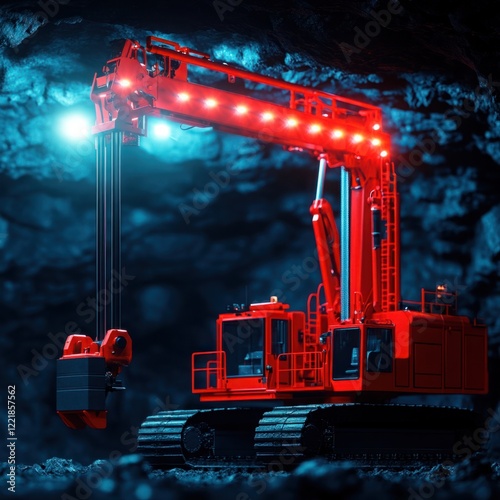 Red Mining Equipment in Dark Quarry with Bright Lights Highlighting Heavy Machinery and Creating a Dramatic Industrial Scene for Stock Photography photo