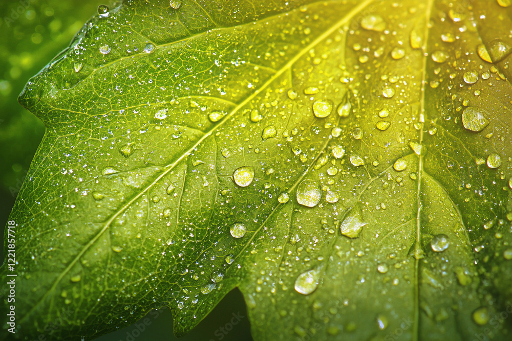 Close-up of a green leaf with dew drops glistening in sunlight, showcasing nature's beauty and freshness Close-up of a green leaf with dew drops glistening in sunlight, showcasing nature's beauty and freshness