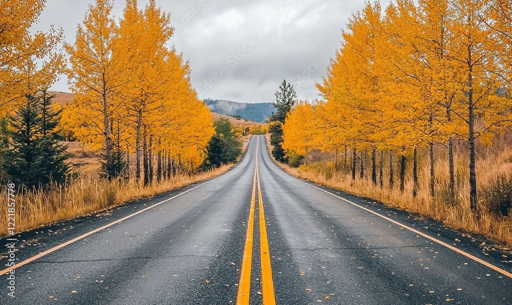 Fototapeta premium Empty asphalt road through golden autumn trees and hills.