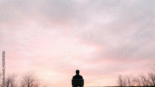 Serene Solitude: A Contemplative Figure Sitting on a Bench Against a Beautiful Pink and Gray Cloudy Sky at Sunset in a Tranquil Outdoor Setting photo