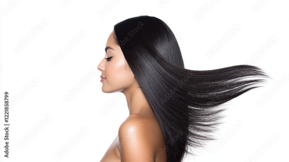 Elegant Profile of Woman with Long, Silky, Flowing Hair in Motion Elegant Profile of Woman with Long, Silky, Flowing Hair in Motion