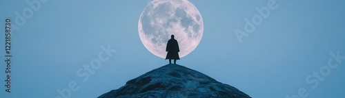 Silhouette of a Person Standing on a Hilltop Underneath a Bright Full Moon at Dusk Creating a Serene and Mystical Atmosphere in Nature photo