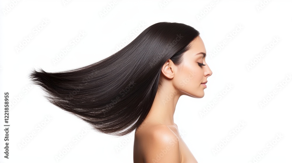 Profile of a Woman with Long, Sleek Black Hair Flowing in Motion Profile of a Woman with Long, Sleek Black Hair Flowing in Motion
