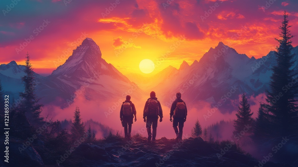 Naklejka premium Three friends hiking towards the glowing sunset in a majestic mountain landscape with vibrant orange and purple skies and snow capped peaks