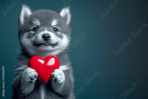 Akita - my preferred dog. Marketing concept. Cute akita canine with diamond red heart - emblem of love, funny greeting card. Adorable puppies. Valentine's puppies photoshoot. Valentine's pupp. photo