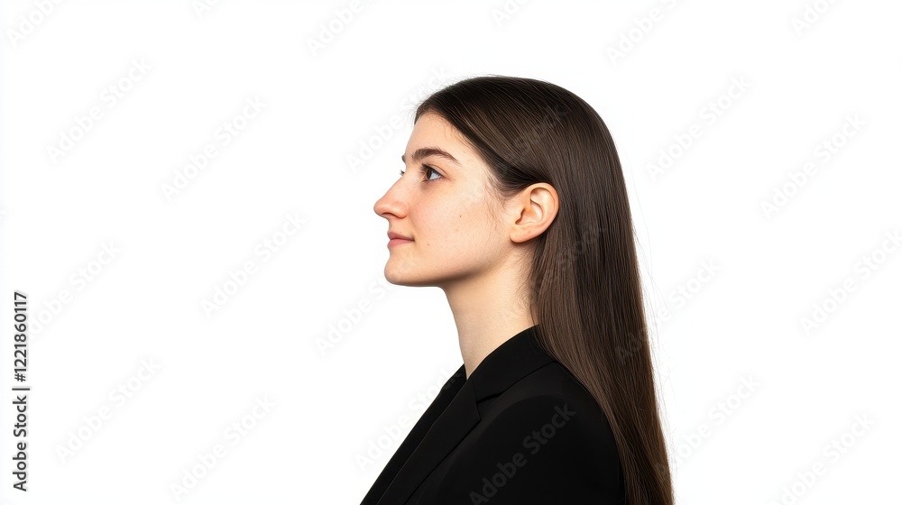 Profile Portrait of a Young Woman with Long Hair in Professional Attire Profile Portrait of a Young Woman with Long Hair in Professional Attire