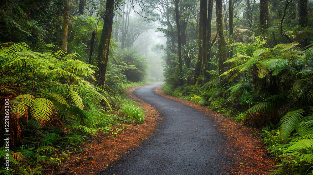 Fototapeta premium Serene winding path through lush green forest with misty atmosphere and vibrant foliage