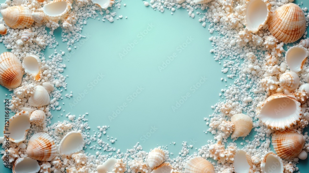 Obraz premium Seashells and Salt Frame a Light Blue Background