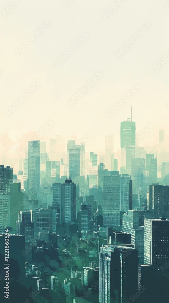 A hazy green cityscape of many tall buildings A hazy green cityscape of many tall buildings