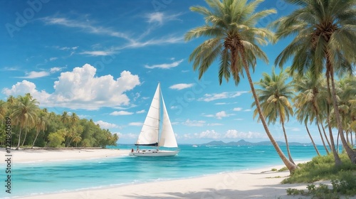 A pristine white sand beach lapped by crystal-clear turquoise waters, lined with swaying palm trees, and a sailboat gliding gracefully in the distance.