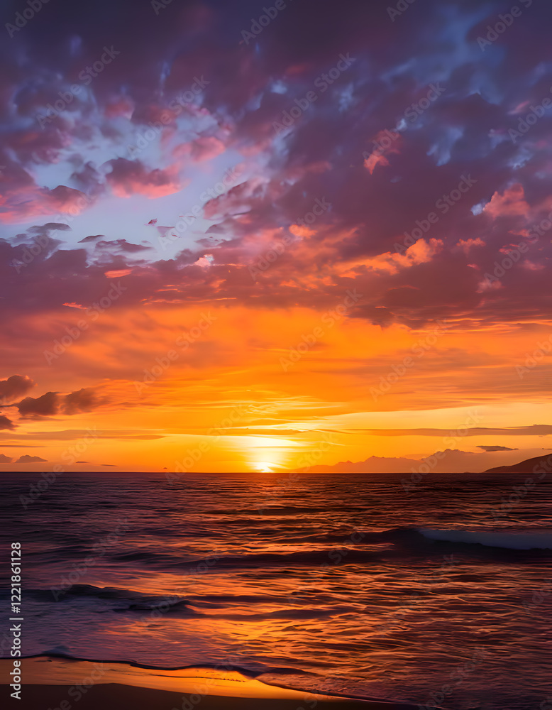 A fiery sunset paints the sky with vibrant hues as the sun dips below the horizon, casting its golden glow on the ocean waves A fiery sunset paints the sky with vibrant hues as the sun dips below the horizon, casting its golden glow on the ocean waves